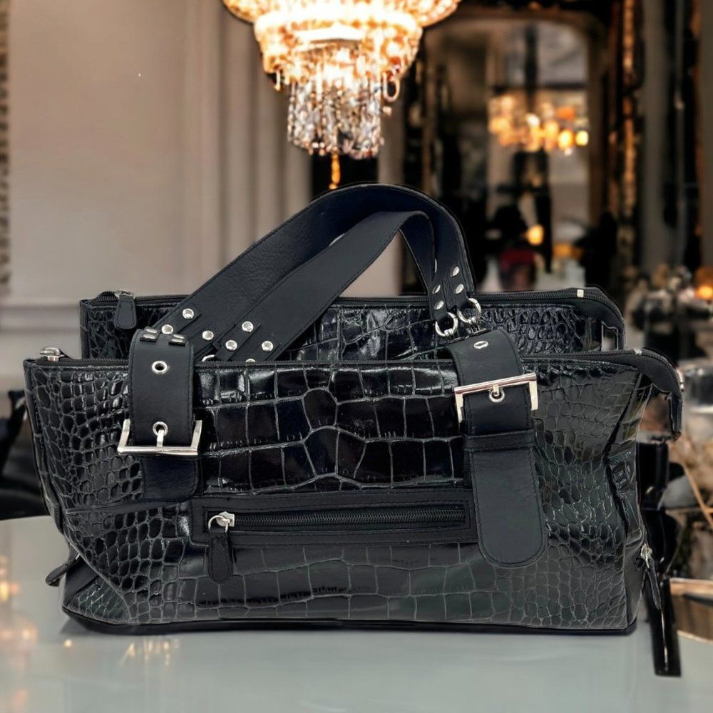 Charlie Lapson Metal Riveted Black Croc Embossed Double Zipper Duffle Style Bag